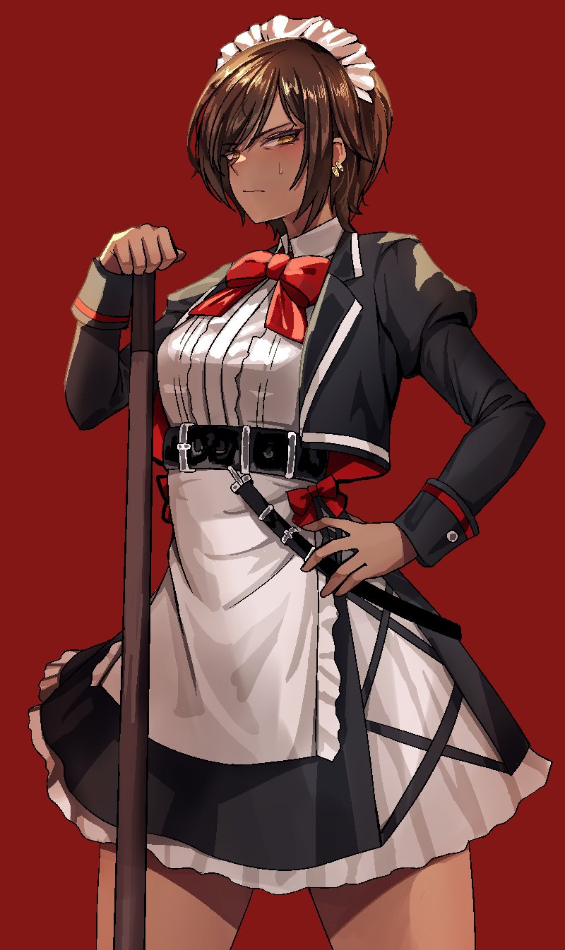 1girl, apron, black_dress, bow, bowtie, brown_eyes, brown_hair, closed_mouth