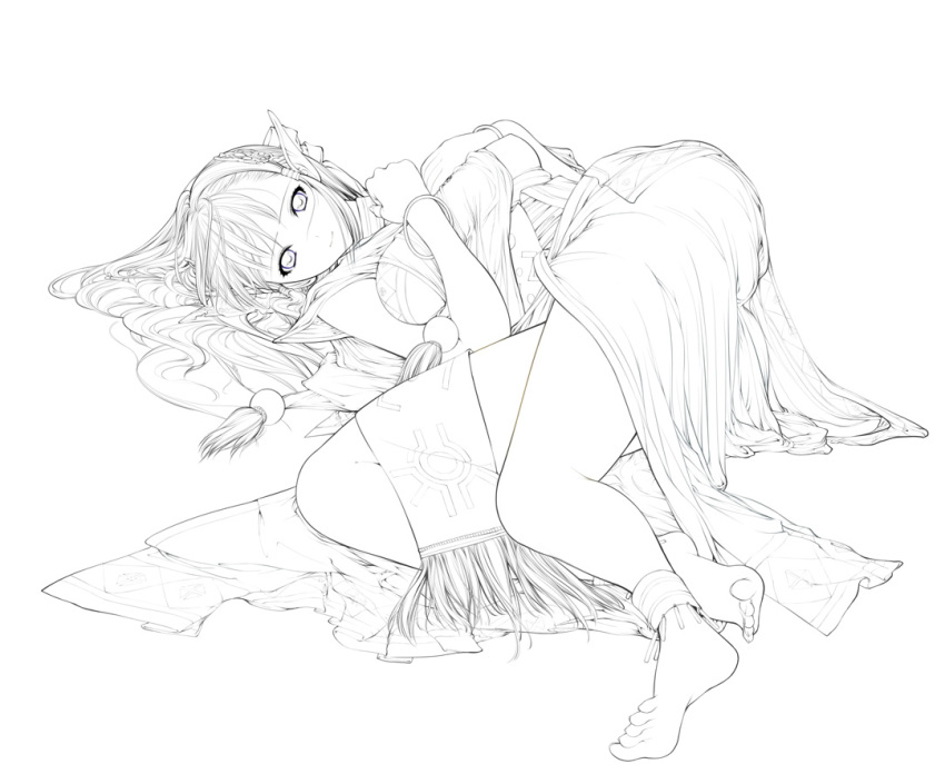 1girl, barefoot, bracelet, breasts, elf, feet, female_focus, forest