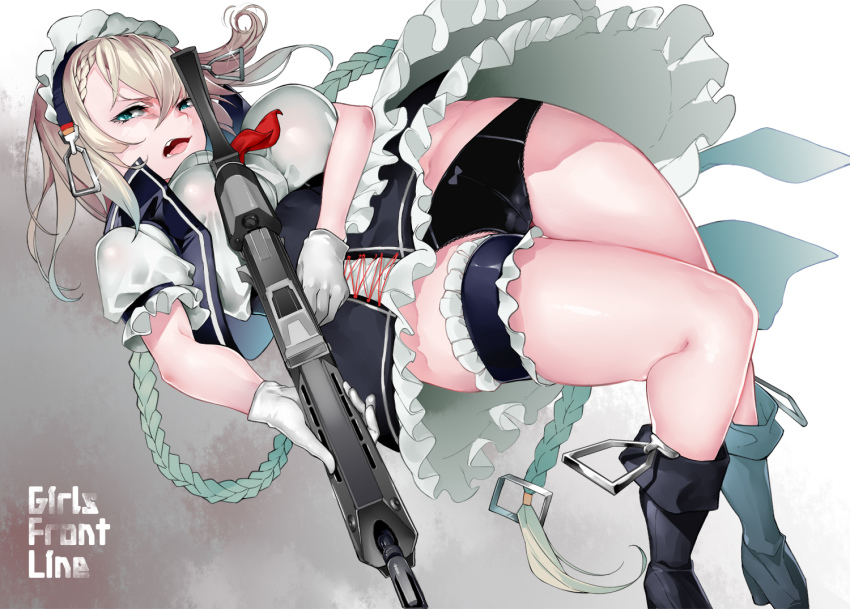1girl, assault_rifle, black_panties, blonde_hair, blue_eyes, bow, bow_panties, braid