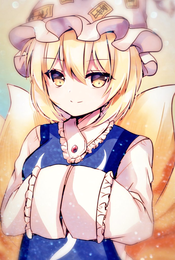 1girl, animal_ears, animal_hat, blonde_hair, blurry, depth_of_field, fox_ears, fox_tail, frills, hair_between_eyes, hands_in_opposite_sleeves, hat, light_smile, looking_at_viewer, mob_cap, multiple_tails, nagisa_shizuku, one-hour_drawing_challenge, short_hair, simple_background, solo, tabard, tail, touhou, upper_body, yakumo_ran, yellow_eyes