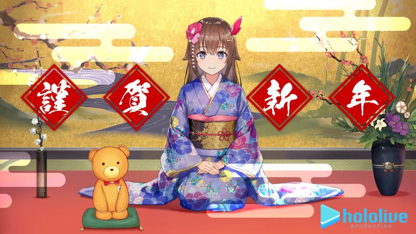 1girl, ankimo_(tokino_sora), brown_hair, egasumi, floral_print, flower, grey_eyes, hair_flower