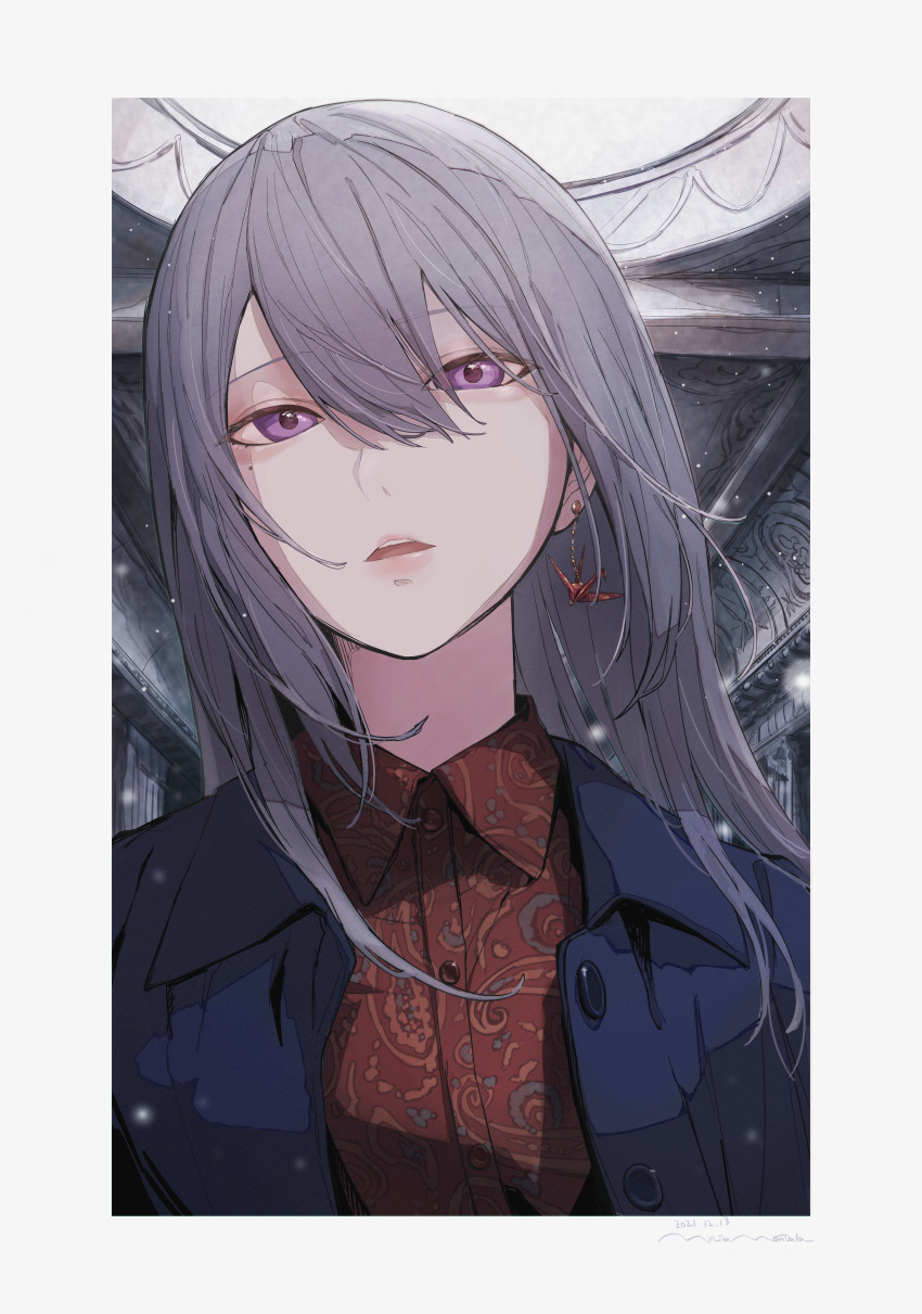 1girl, absurdres, blue_jacket, border, collared_shirt, earrings, grey_border, grey_hair