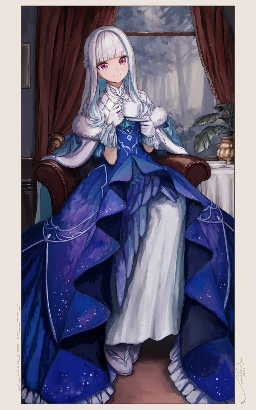1girl, absurdres, beige_border, blue_dress, blue_hair, braid, colored_inner_hair, crown_braid