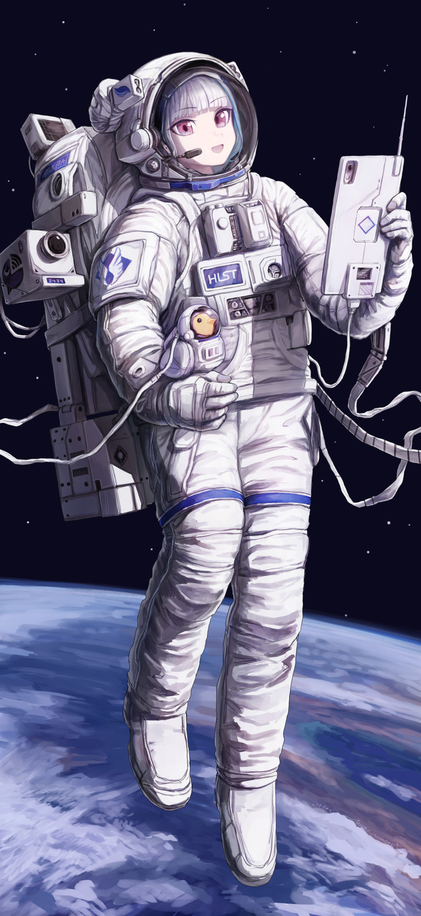1girl, absurdres, astronaut, bird, blue_hair, earth_(planet), floating, gloves
