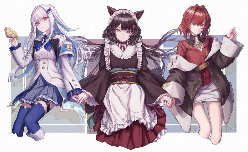 3girls, absurdres, ange_katrina, ange_katrina_(1st_costume), bird, bird_on_hand, black_jacket, blue_eyes