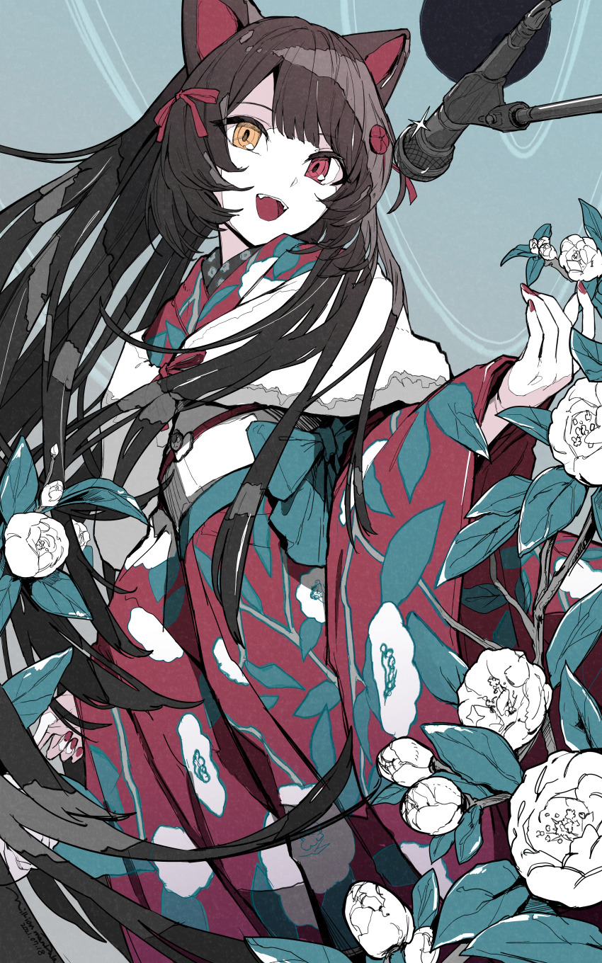 1girl, absurdres, animal_ears, brown_hair, dog_ears, dog_girl, fangs, floating_hair