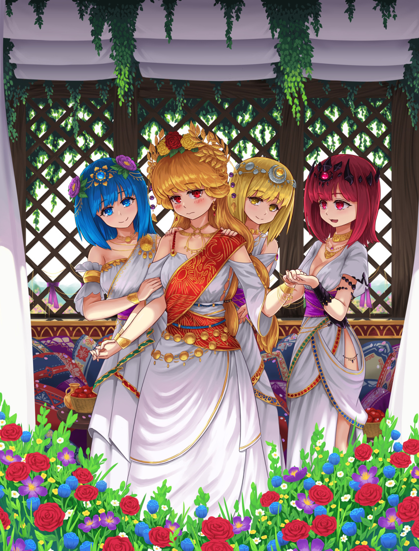 4girls, alternate_costume, alternate_hairstyle, ancient_greek_clothes, apple, bare_shoulders, basket, blonde_hair