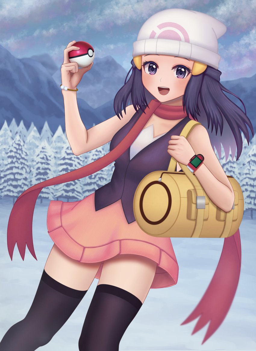 1girl, :d, absurdres, bag, beanie, black_hair, black_thighhighs, blush, bracelet, cloud, commentary_request, dawn_(pokemon), day, duffel_bag, eyelashes, grey_eyes, hair_ornament, hairclip, hat, highres, holding, holding_poke_ball, holding_strap, jewelry, long_hair, nintendo, open_mouth, outdoors, pink_skirt, poke_ball, poke_ball_(basic), pokemon, pokemon_diamond/pearl/platinum, poketch, red_scarf, scarf, shirt, sidelocks, skirt, sky, sleeveless, sleeveless_shirt, smile, snow, solo, teeth, thighhighs, tongue, tree, watch, white_hat, wristwatch, yellow_bag, zero_artbox
