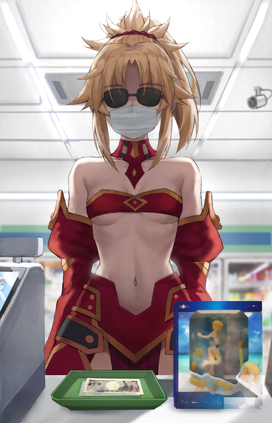 1girl, arms_at_sides, artoria_pendragon_(fate), bandeau, banknote, bare_shoulders, black-framed_eyewear, blonde_hair