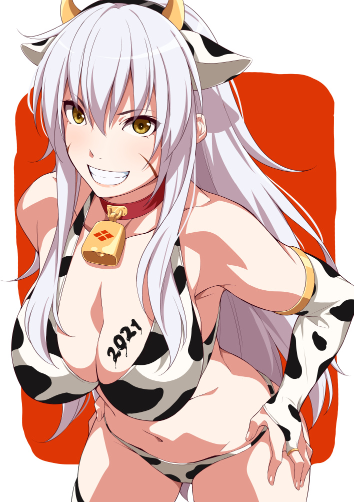 1girl, 2021, animal_collar, animal_ears, animal_print, bandana, bell, bikini, breasts, bridal_gauntlets, cleavage, collar, commentary, cow_ears, cow_horns, cow_print, cowboy_shot, elbow_gloves, fake_animal_ears, fake_horns, gloves, grin, hands_on_own_hips, horns, large_breasts, leaning_forward, long_hair, looking_at_viewer, navel, neck_bell, new_year, outside_border, print_bikini, print_gloves, qwel_08, red_bandana, red_collar, rounded_corners, sengoku_otome, silver_hair, smile, solo, standing, swimsuit, takeda_shingen_(sengoku_otome), thighhighs, white_bikini, white_gloves, yellow_eyes