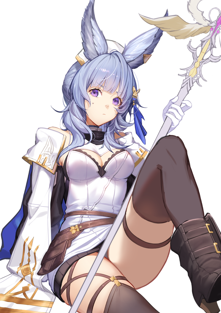 1girl, animal_ears, belt, blue_hair, breasts, center_opening, dress, erune, gloves, granblue_fantasy, hair_ornament, holding, holding_staff, jacket, knee_up, long_hair, looking_at_viewer, medium_breasts, pouch, purple_eyes, sitting, solo, staff, thigh_strap, thighhighs, thighs, tikoh, white_dress, white_gloves, white_jacket, ya99ru