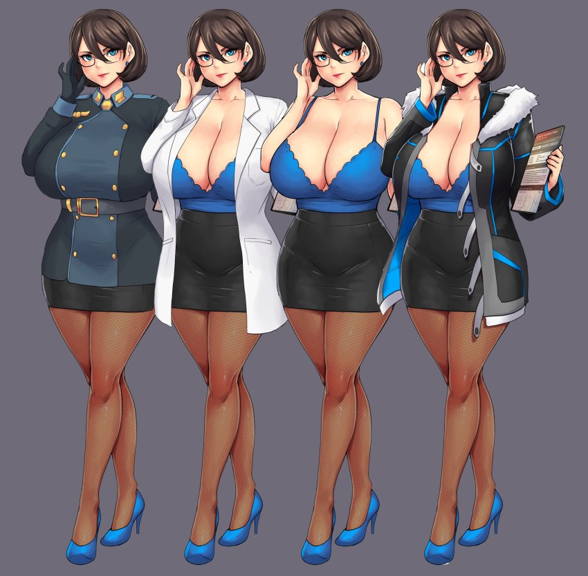 1girl, absurdres, bare_shoulders, black-framed_eyewear, black_coat, black_skirt, blue_footwear, blue_gloves, blue_tank_top, breasts, brown_hair, brown_pantyhose, cleavage, coat, curvy, earrings, erkaz, full_body, fur_collar, glasses, gloves, grey_background, greyscale, high_heels, highres, holding, holding_removed_eyewear, huge_breasts, ingrid_braun_(erkaz), jewelry, lab_coat, military, military_uniform, miniskirt, monochrome, original, pantyhose, red_lips, short_hair, skirt, spaghetti_strap, standing, tank_top, unworn_eyewear, veins, veiny_breasts