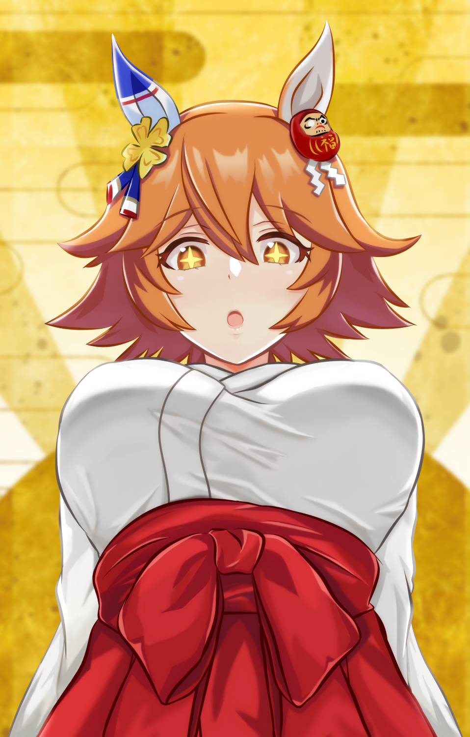 +_+, 1girl, :o, animal_ears, breasts, commentary_request, daruma_doll, from_below, hair_ornament, highres, horse_ears, horse_girl, japanese_clothes, large_breasts, looking_at_viewer, matikanefukukitaru_(umamusume), miko, orange_eyes, orange_hair, rapana_p, shide, short_hair, solo, umamusume, upper_body