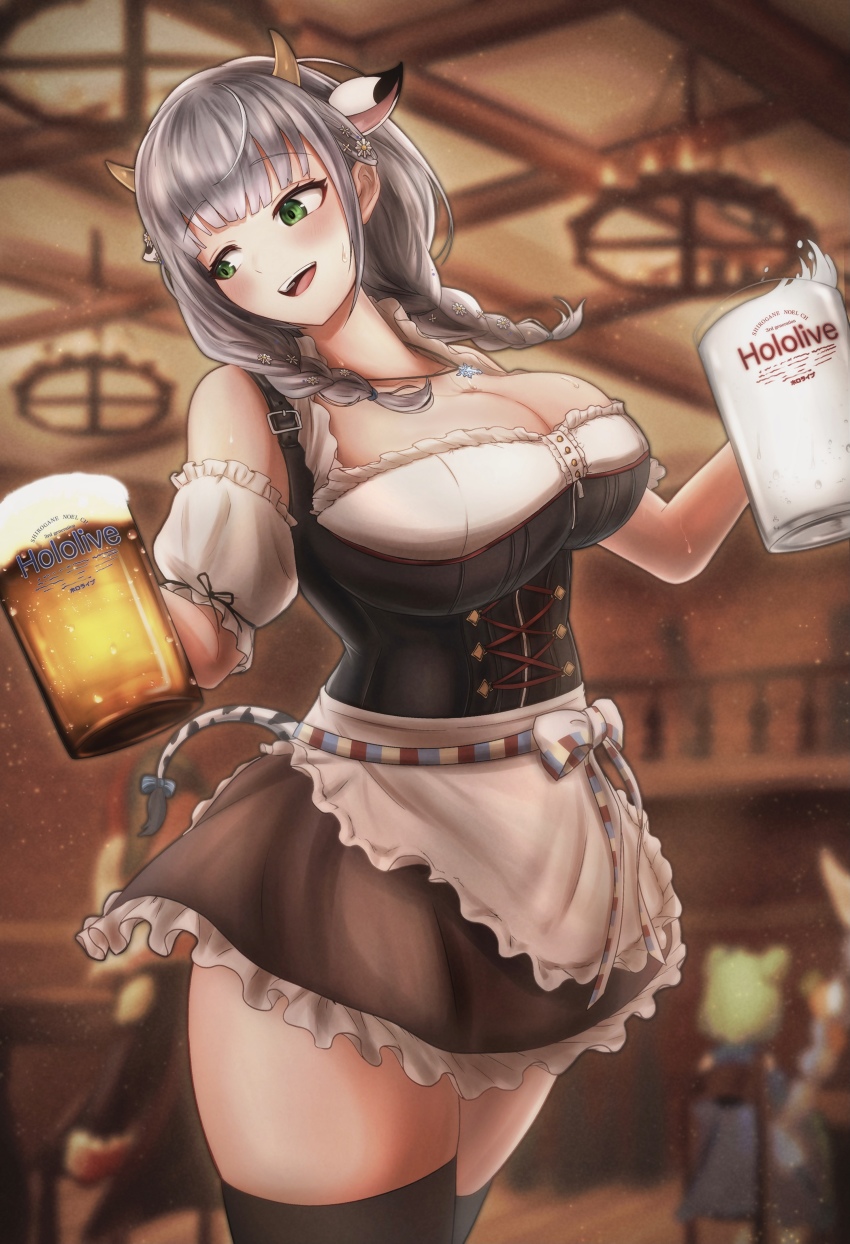 1girl, absurdres, animal_ears, apron, bare_shoulders, beer_mug, black_thighhighs, blush