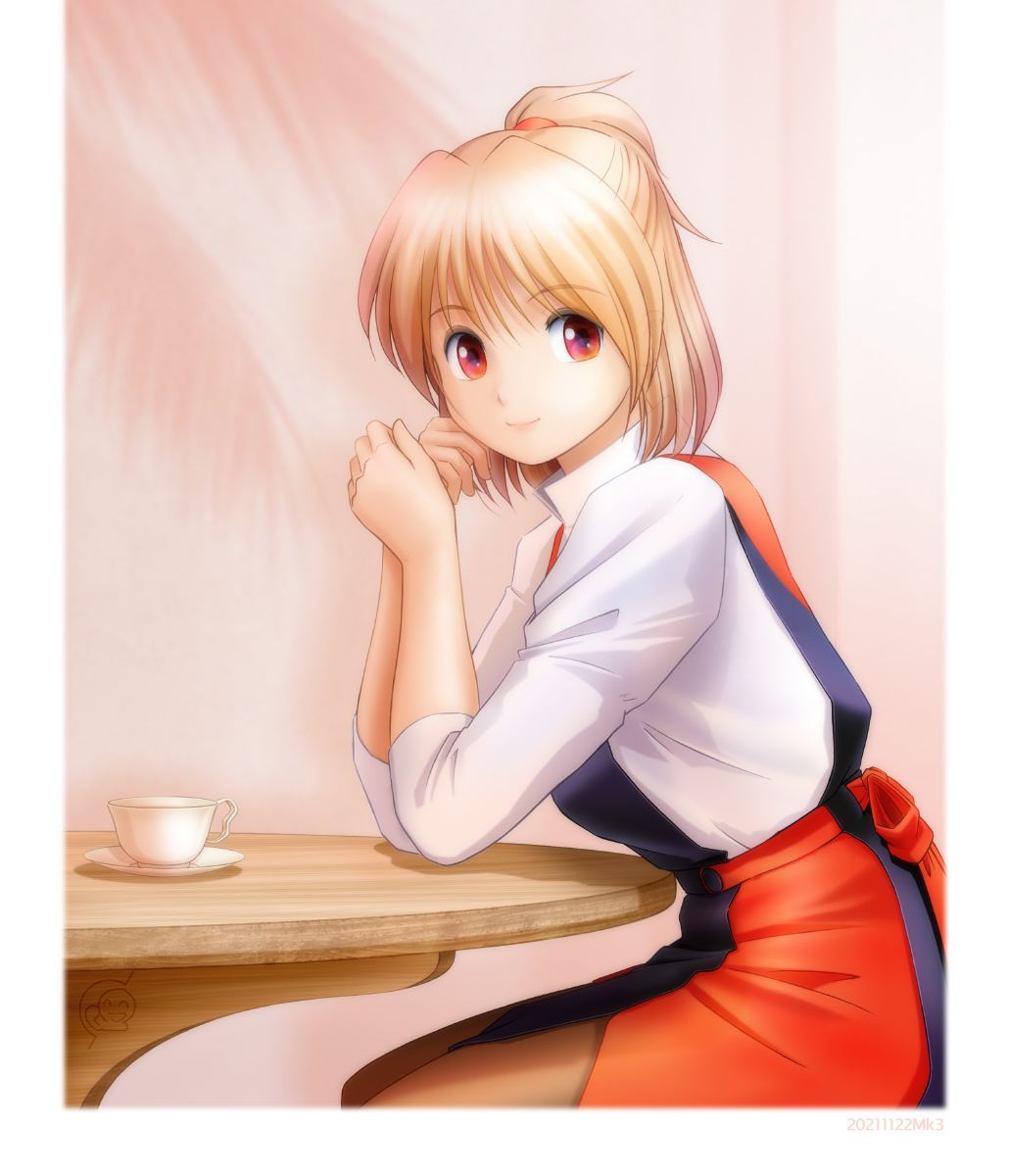 1990s_(style), 1girl, blonde_hair, border, brown_pantyhose, closed_mouth, cup, curie_(monster_farm), dated, from_side, hair_between_eyes, half_updo, hands_up, highres, lips, looking_at_viewer, monster_farm, palm_leaf, pantyhose, pink_lips, pipoo, red_eyes, retro_artstyle, revision, saucer, short_hair, sitting, three-quarter_sleeves, smile, solo, table, teacup, white_border, wooden_table