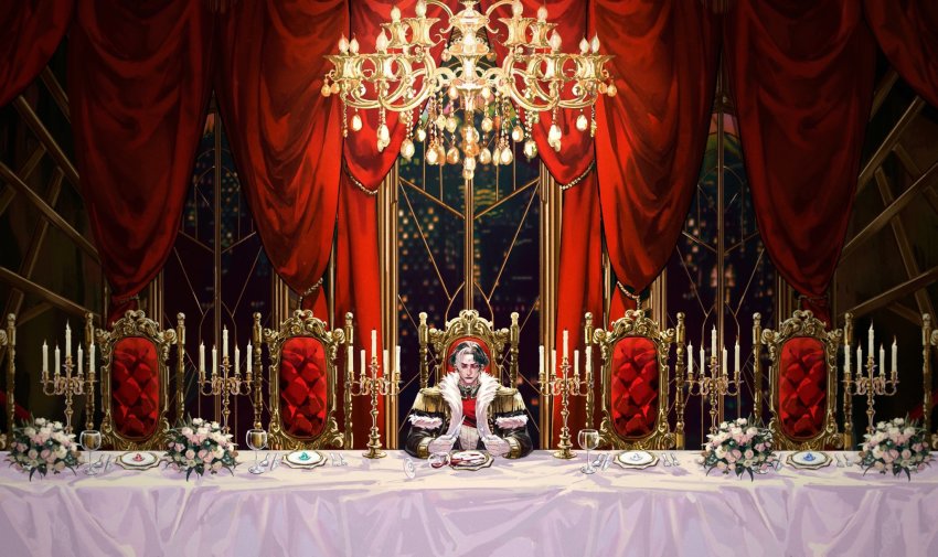 1boy, alcohol, anthonykaen, black_coat, black_hair, bouquet, candle, candlestand