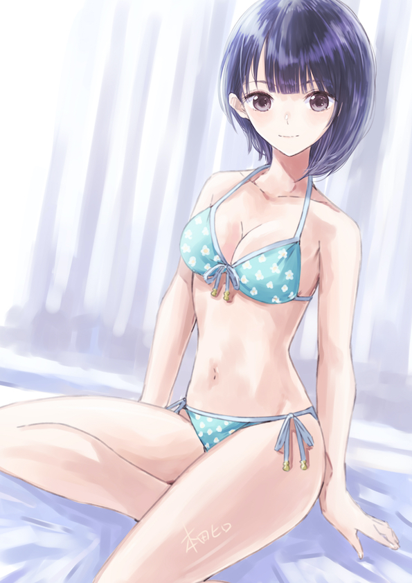 1girl, artist_name, bikini, black_hair, blue_reflection_(series), blue_reflection_maboroshi_ni_mau_shoujo_no_ken, bob_cut, breasts