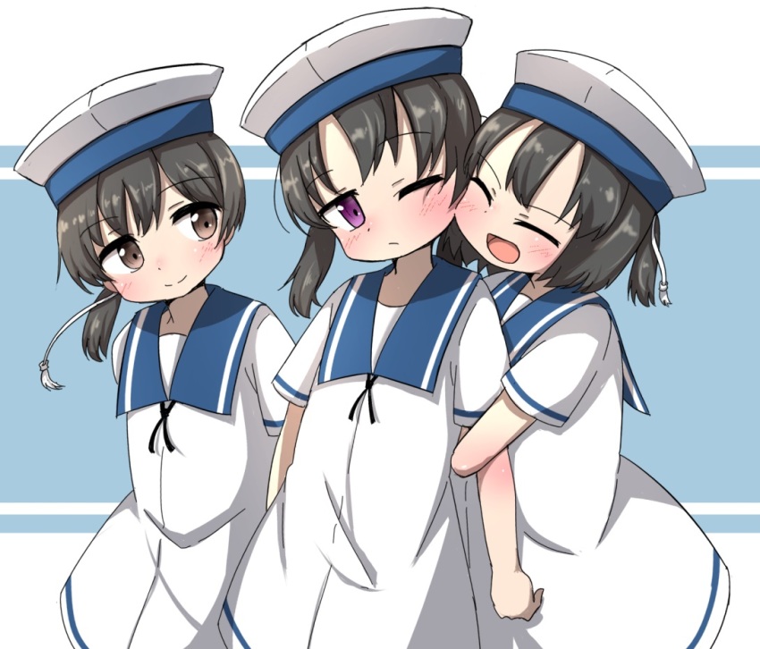 3girls, black_hair, blush, brown_eyes, closed_eyes, closed_mouth, daitou_(kancolle), dress