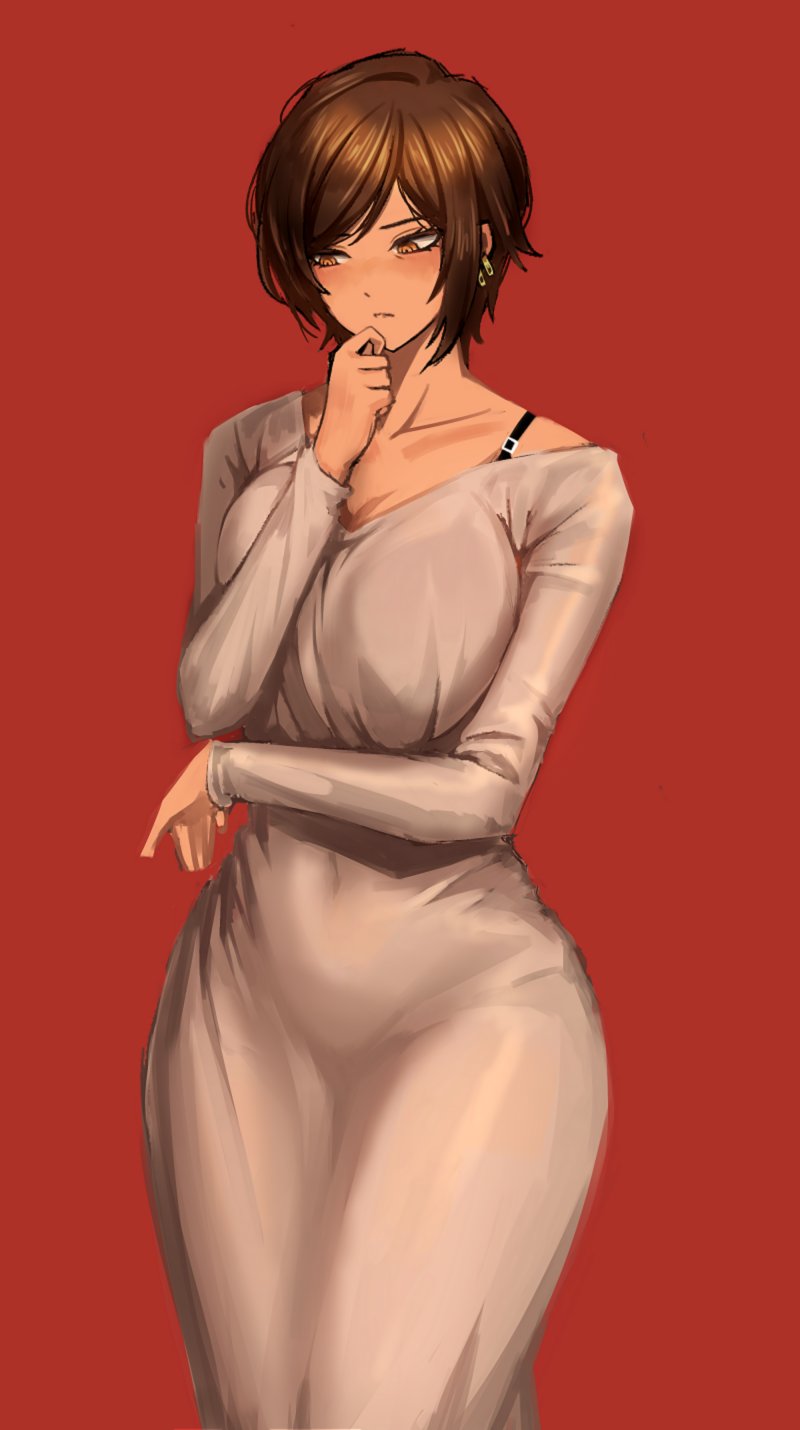 1girl, brown_dress, brown_eyes, brown_hair, closed_mouth, dark-skinned_female, dark_skin, dolsig_ilangnolja, dress, earrings, hand_on_own_chin, highres, jewelry, limbus_company, long_sleeves, mature_female, outis_(project_moon), project_moon, red_background, short_hair, simple_background, solo