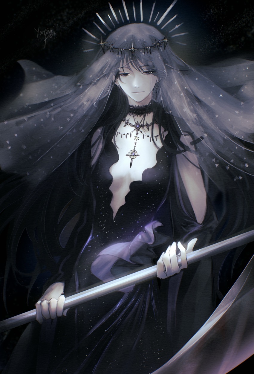 1girl, absurdres, akkking, amanises, bare_arms, black_background, black_dress, black_hair, black_neckwear, black_veil, breasts, chinese_commentary, choker, cleavage, commentary_request, crescent, crescent_pin, dress, earrings, empty_eyes, evernight_goddess, halo, highres, holding, holding_scythe, holding_weapon, jewelry, long_hair, looking_at_viewer, lord_of_the_mysteries, necklace, scythe, smile, tiara, veil, weapon