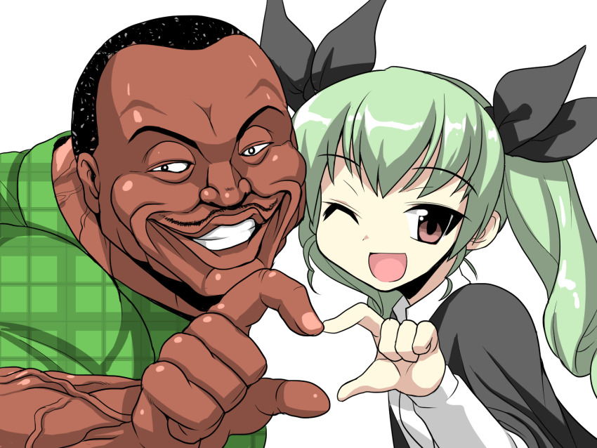 1boy, 1girl, age_difference, anchovy_(girls_und_panzer), anzio_school_uniform, biscuit_oliva, black_hair, brown_eyes, crossover, dark-skinned_male, dark_skin, drill_hair, girls_und_panzer, grappler_baki, green_hair, grin, hair_ribbon, heart, heart_hands, highres, long_hair, long_sleeves, looking_at_viewer, mono_(moiky), muscular, one_eye_closed, ribbon, school_uniform, short_hair, simple_background, smile, twin_drills, twintails, white_background, wink