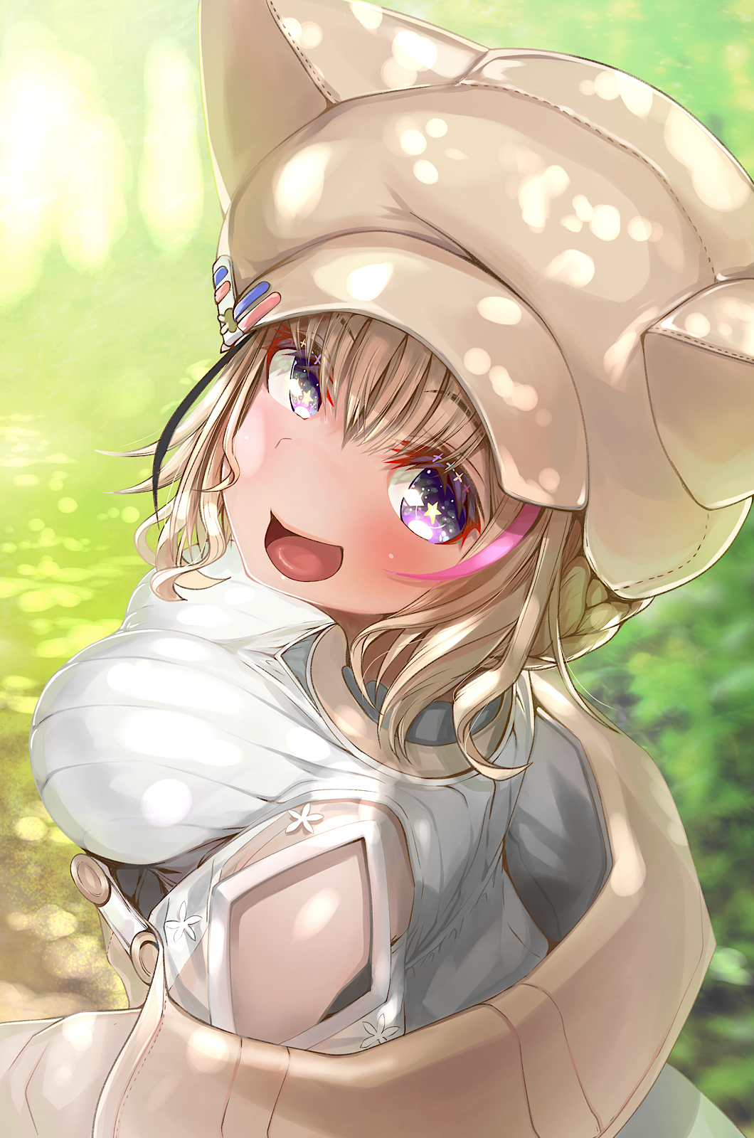 1girl, :d, blonde_hair, blush, breasts, brown_hat, brown_jacket, eyes_visible_through_hair