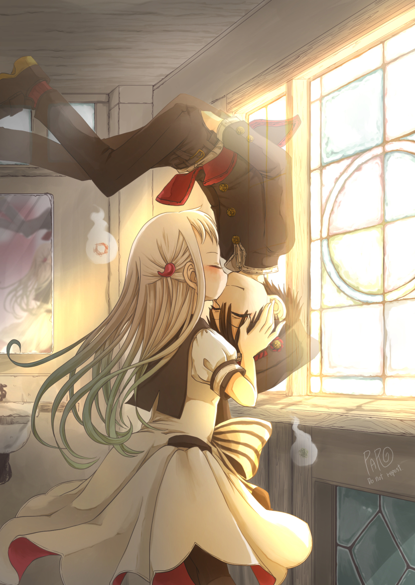 1boy, 1girl, black_hair, child, closed_eyes, closed_mouth, commentary_request, ghost, hair_between_eyes, hanako_(jibaku_shounen_hanako-kun), hand_in_pocket, hands_on_another's_face, hetero, indoors, jibaku_shounen_hanako-kun, kiss, long_hair, mirror, morning, pants, paro_(sorageshiki), school_uniform, transparent, upside-down_kiss, white_hair, window, yashiro_nene