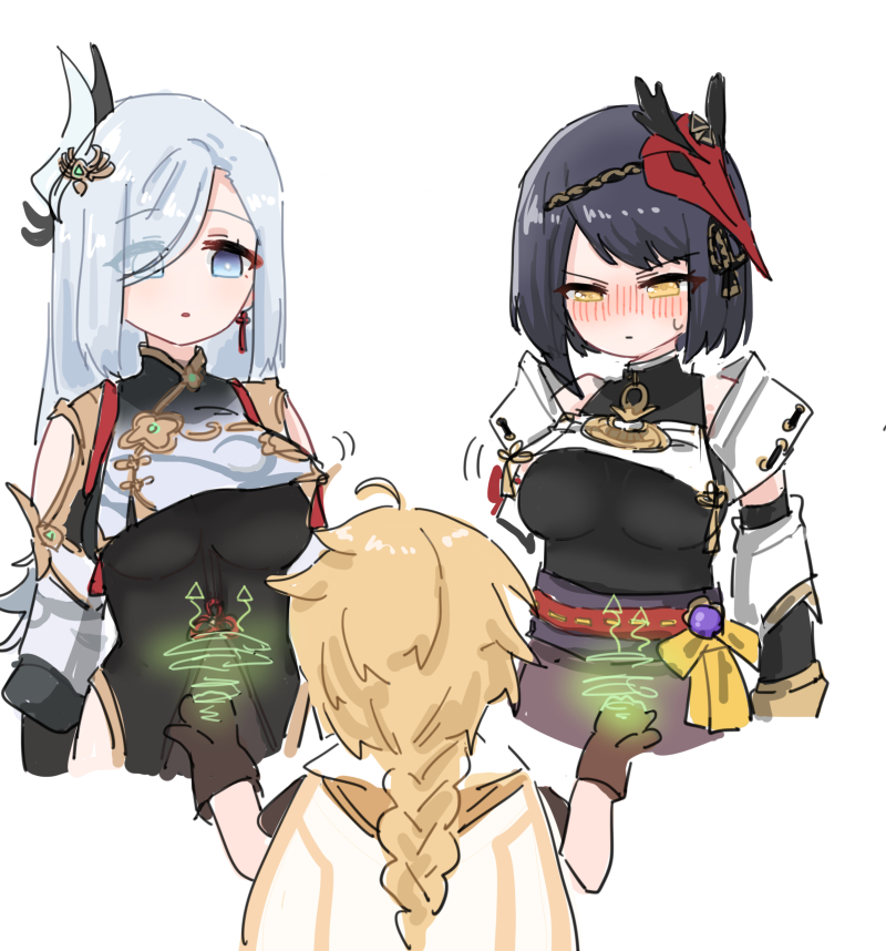 1boy, 2girls, aether_(genshin_impact), blonde_hair, blue_eyes, blue_hair, blush, braid, breast_curtains, breasts, chinese_clothes, ealun_zatta, eyes_visible_through_hair, genshin_impact, gloves, hair_ornament, hair_over_one_eye, kujou_sara, large_breasts, long_hair, low-braided_long_hair, low-tied_long_hair, mask, multiple_girls, perverted_utility, shenhe_(genshin_impact), short_hair, tengu_mask, vision_(genshin_impact), white_background, white_hair, yellow_eyes