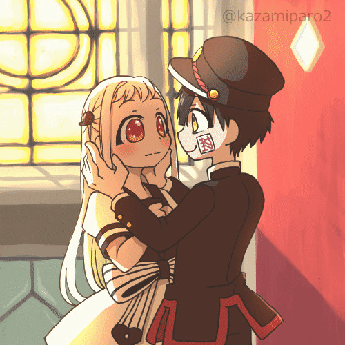 1boy, 1girl, animated, animated_gif, child, commentary_request, hanako_(jibaku_shounen_hanako-kun), hands_on_another's_face, hat, hetero, jibaku_shounen_hanako-kun, kiss, long_hair, lowres, paro_(sorageshiki), red_eyes, school_uniform, smile, white_hair, yashiro_nene, yellow_eyes