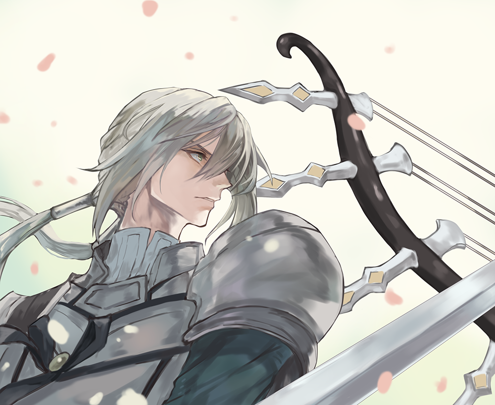 1boy, armor, bedivere_(fate), blonde_hair, bow_(weapon), braid, cape, failnaught_(fate)
