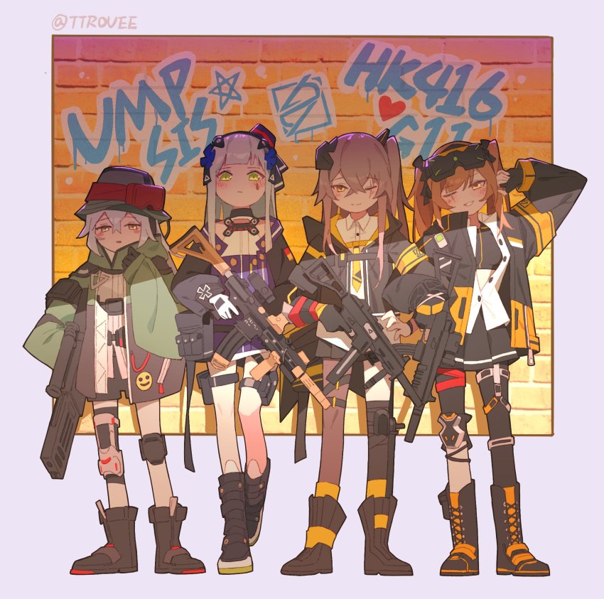 404_(girls'_frontline), 404_logo_(girls'_frontline), 4girls, acog, armband, assault_rifle, asymmetrical_legwear, beret