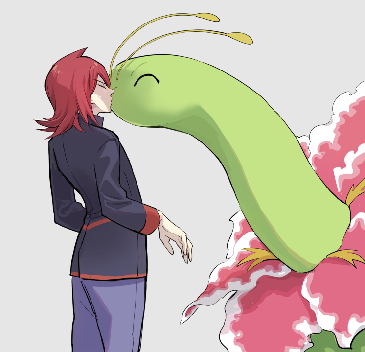 1boy, black_jacket, closed_eyes, commentary_request, gen_2_pokemon, grey_background, grey_pants, jacket