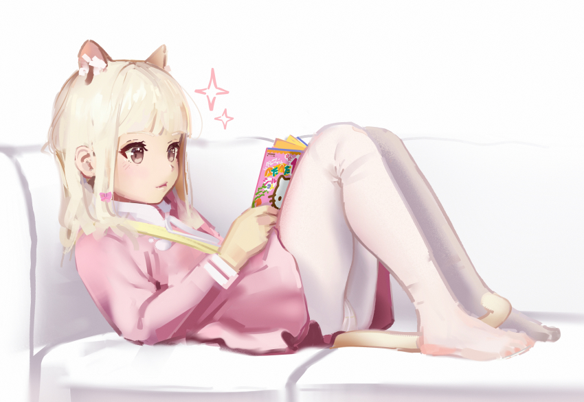 1girl, absurdres, animal_ear_fluff, animal_ears, blonde_hair, book, brown_hair, cat_ears