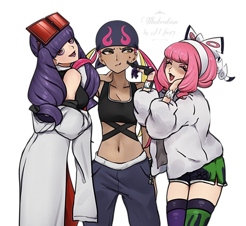 3girls, :d, asymmetrical_legwear, bandana, black_bandana, black_shirt, blonde_hair, blunt_bangs, bracelet, breasts, cheek_poking, cleavage, closed_eyes, coat, collarbone, commentary_request, drill_hair, dynamax_band, echizen_(n_fns17), eyelashes, eyeshadow, eyewear_on_head, flame_print, fur_coat, fur_jacket, gloves, jacket, jewelry, klara_(pokemon), lipstick, long_hair, makeup, midriff, mismatched_legwear, multicolored_hair, multicolored_thighhighs, multiple_girls, nintendo, open_mouth, pants, partially_fingerless_gloves, pink_eyeshadow, pink_hair, pink_lips, plumeria_(pokemon), pokemon, pokemon_masters_ex, pokemon_sun_and_moon, pokemon_sword_and_shield, poking, purple_eyeshadow, purple_hair, purple_lips, quad_tails, rachel_(pokemon), red-tinted_eyewear, shirt, shorts, single_glove, sleeveless, sleeveless_shirt, smile, sunglasses, sweatdrop, tank_top, thighhighs, tinted_eyewear, tongue, twin_drills, two-tone_hair, two-tone_thighhighs, white_background, white_coat, white_jacket, yellow_eyes