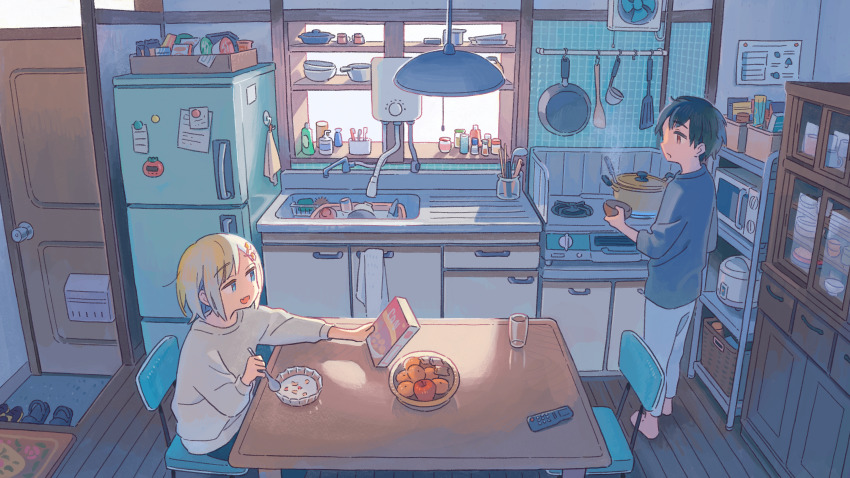 1boy, 1girl, absurdly_detailed_composition, absurdres, barefoot, black_hair, blue_eyes, blue_pants