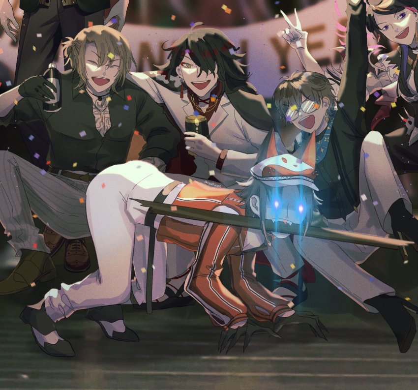 6+boys, absurdres, all_fours, animal_ears, artist_name, belt, bishounen, black_hair