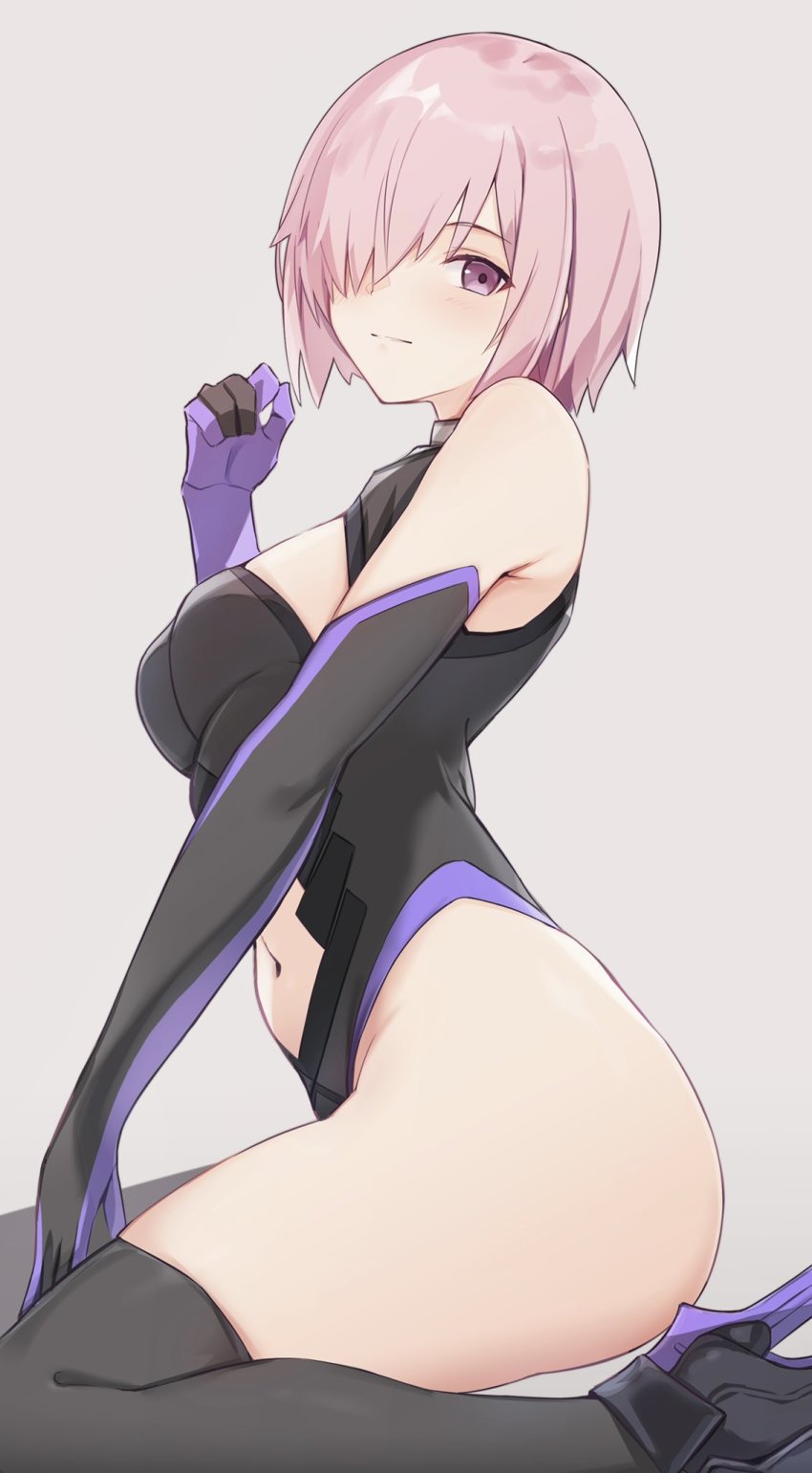 1girl, bare_shoulders, bee_doushi, between_legs, black_thighhighs, bodysuit, breasts, cleavage