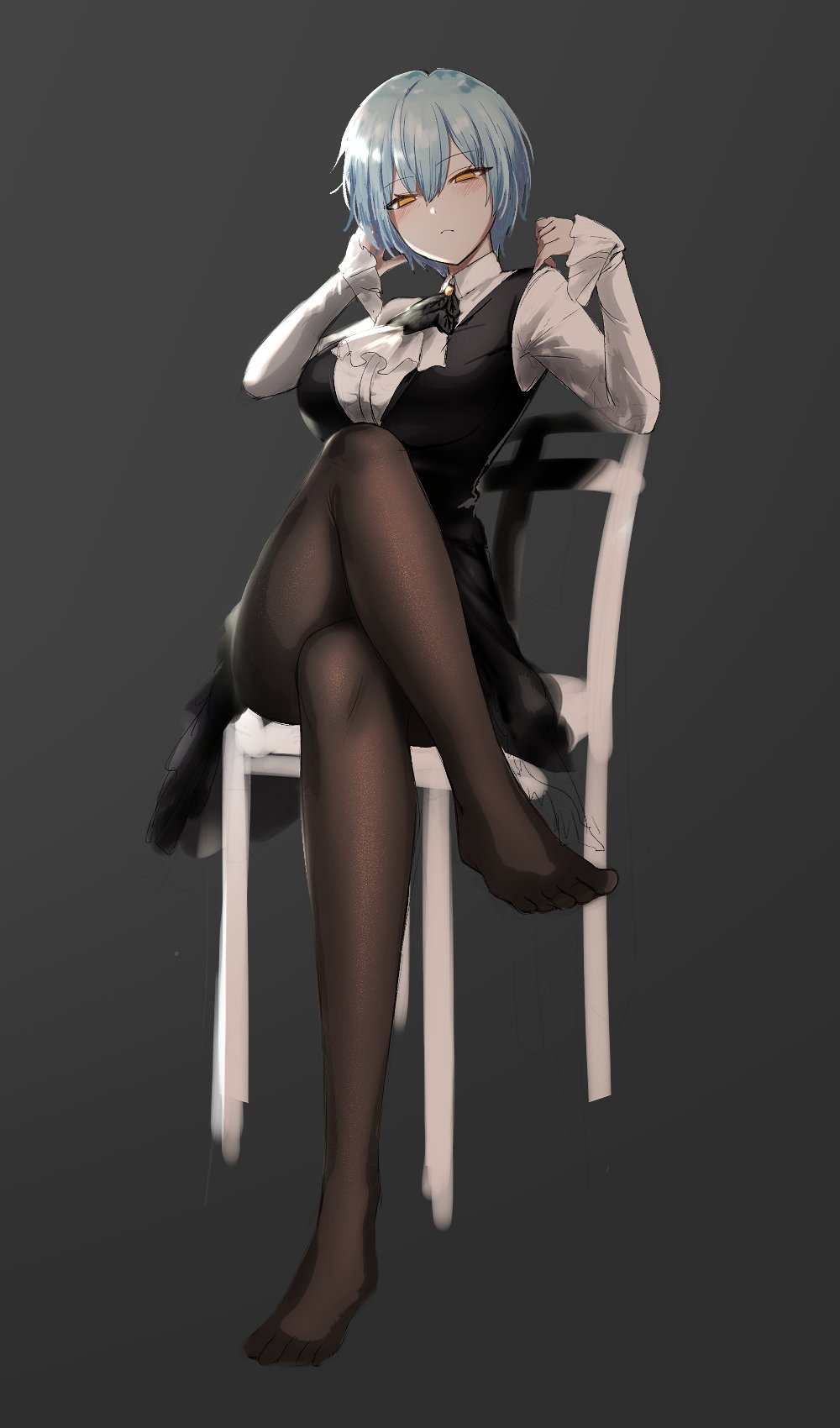 1girl, angela_(project_moon), black_dress, blouse, brown_pantyhose, chair, closed_mouth, crossed_legs