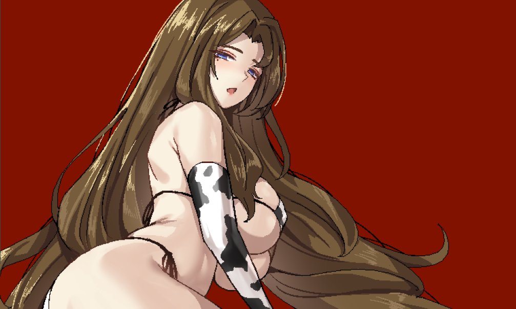 1girl, :o, animal_print, bikini, blue_eyes, breasts, brown_hair, cleavage