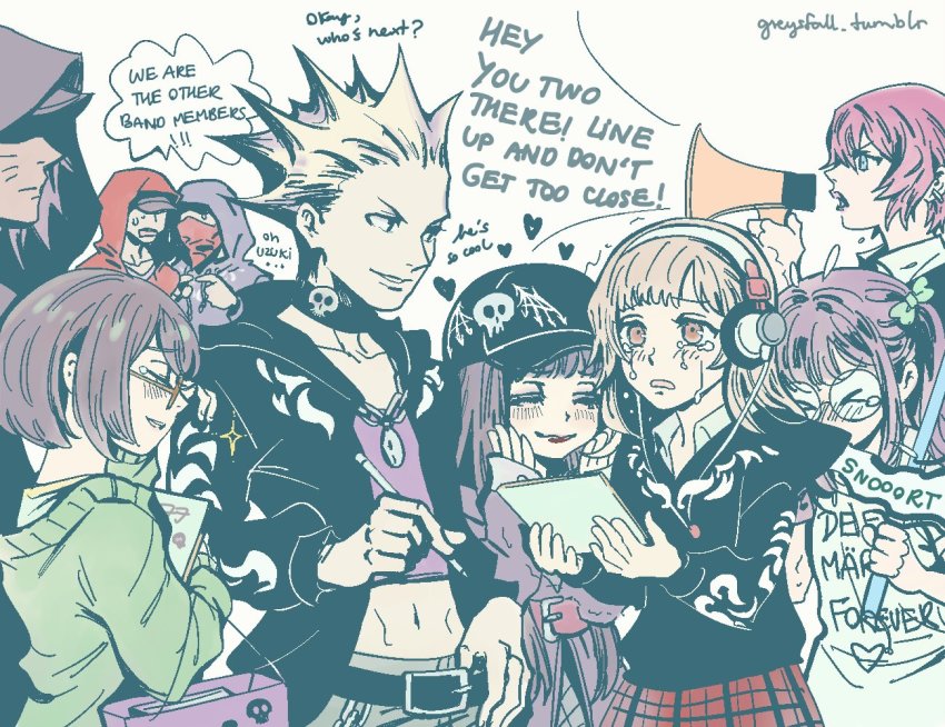 4boys, 5girls, 777_(subarashiki_kono_sekai), bag, bj_(subarashiki_kono_sekai), blonde_hair, blue_eyes, blush