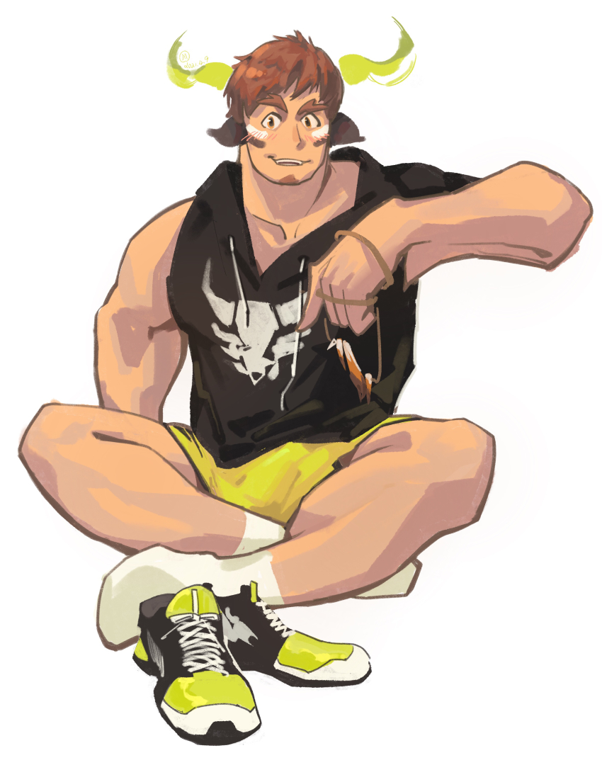 1boy, absurdres, animal_ears, bara, black_hoodie, brown_eyes, brown_hair, bulge, casual, cow_boy, cow_ears, cow_horns, dichuan_(arriverw), facial_hair, fiery_horns, forked_eyebrows, full_body, glowing_horns, goatee, green_shorts, highres, hood, hoodie, horns, crossed_legs, looking_at_viewer, male_focus, muscular, muscular_male, official_alternate_costume, pectorals, shoes, unworn_shoes, short_hair, shorts, sitting, sleeveless, sleeveless_hoodie, smile, sneakers, socks, solo, thick_eyebrows, tokyo_houkago_summoners, wakan_tanka