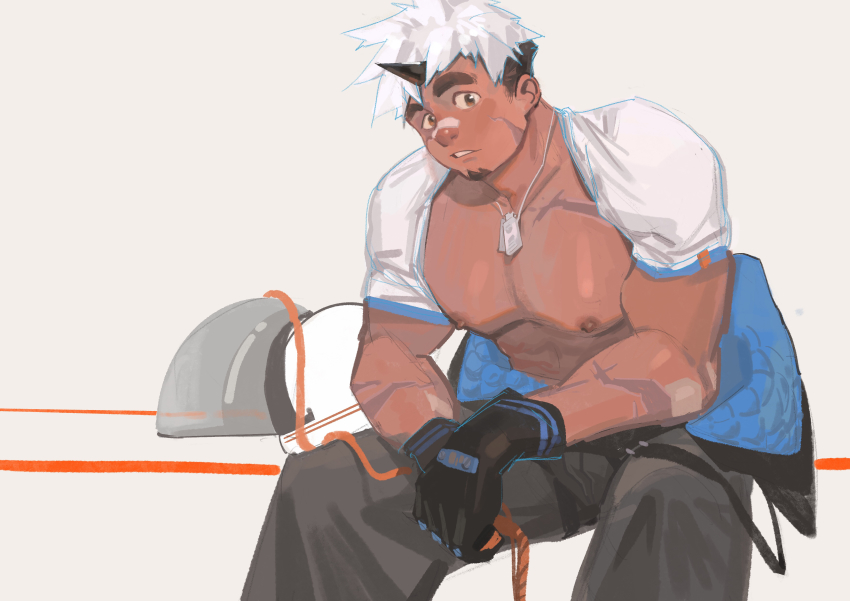 1boy, absurdres, akiha_gongen_(housamo), bandaid, bandaid_on_face, bandaid_on_nose, bara, bare_pectorals