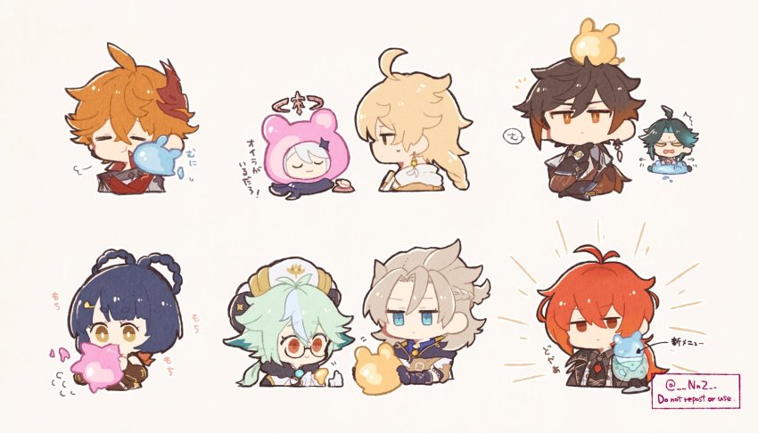 3girls, 6+boys, :>, :3, puff_of_air, aether_(genshin_impact), albedo_(genshin_impact), antenna_hair