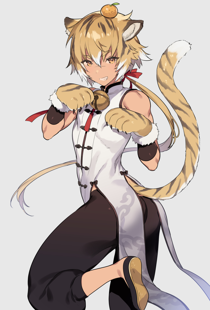 1boy, absurdres, animal_hands, animal_print, apricot_(fruit), ass, bare_shoulders, bell, bow, chinese_clothes, chinese_zodiac, dark_skin, food, fruit, grin, hair_between_eyes, hair_bow, highres, jingle_bell, long_hair, looking_at_viewer, male_focus, mandarin_collar, mandarin_orange, multicolored_hair, original, simple_background, smile, solo, standing, standing_on_one_leg, tail, tiger_paws, tiger_print, tiger_tail, tubumi, two-tone_hair, white_background, year_of_the_tiger, yellow_eyes