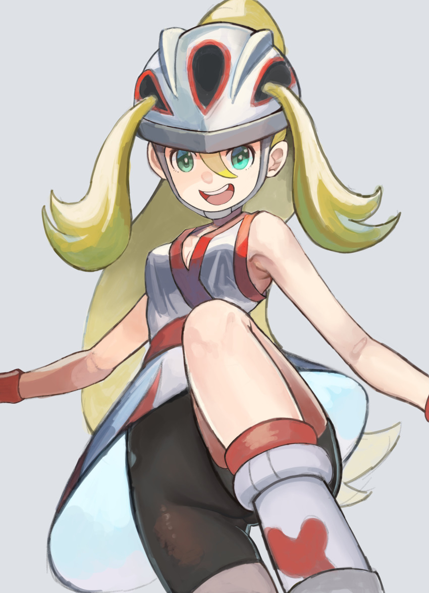 1girl, :d, absurdres, bare_shoulders, bike_shorts, black_shorts, blonde_hair, dress, green_eyes, helmet, highres, korrina_(pokemon), leg_up, long_hair, looking_at_viewer, nintendo, open_mouth, pokemon, pokemon_x_and_y, ponytail, shorts, sleeveless, sleeveless_dress, smile, solo, taruto_(takug0812), teeth, upper_teeth_only, white_dress, white_footwear
