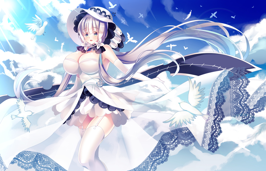 1girl, azur_lane, bare_shoulders, bird, blue_eyes, blue_sky, breasts, cleavage, dress, elbow_gloves, filiananna, flight_deck, garter_straps, gloves, hair_ribbon, hat, highres, illustrious_(azur_lane), lace, lace-trimmed_dress, lace_trim, large_breasts, long_hair, looking_at_viewer, ribbon, see-through_clothes, see-through_dress, sky, solo, standing, strapless, strapless_dress, sun_hat, thighhighs, very_long_hair, white_bird, white_dress, white_garter_straps, white_gloves, white_hair, white_hat, white_ribbon, white_thighhighs