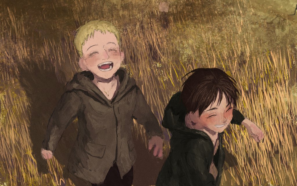 2boys, :d, ^_^, aged_down, blonde_hair, blush, brown_hair, brown_jacket