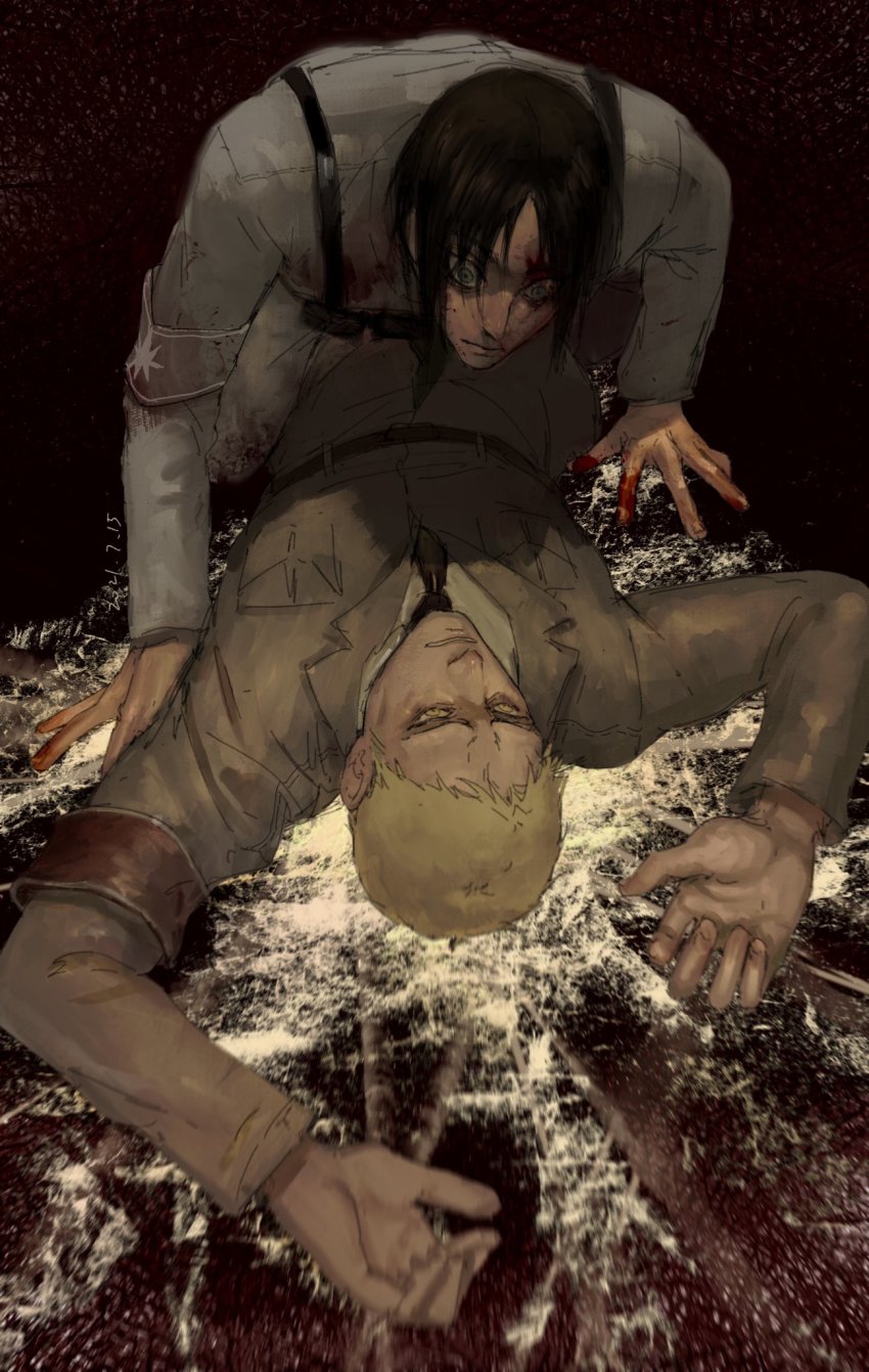 2boys, aged_up, armband, arms_up, black_necktie, blonde_hair, blood, blood_on_face