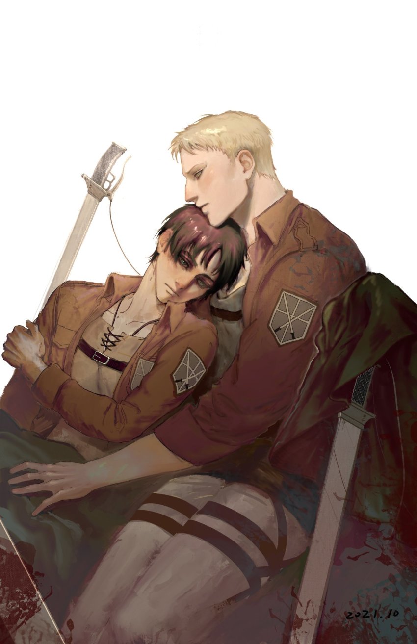 2boys, blonde_hair, blood, blood_splatter, blush, brown_hair, brown_jacket, chest_belt