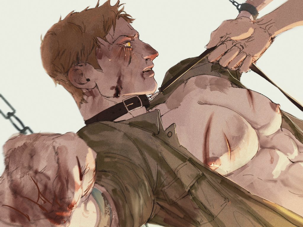 1boy, abs, bara, bare_pectorals, belt_collar, blonde_hair, blood, blood_from_mouth